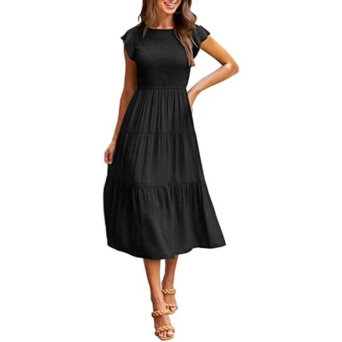 Women's Casual Smocked Tiered Midi Dress Ruffle Flutter Sleeve Crew Neck Boho Solid Color Flowy Vacation A-Line Sundress