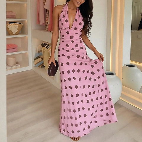 Elegante Dames Halternek Polka Dot Maxi Jurk Diepe V-Hals Open Rug Hoge Taille A-Lijn Zomer Vakantie Feestjurk