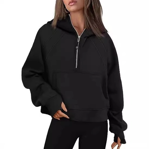 Women Casual Half Zip Hooded Sweatshirt Cotton Fleece Drop Shoulder Hoodie With Thumbholes Kangaroo Pocket Solid Color Sporty Top