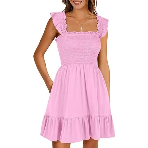 Dames Vierkante Hals Mouwloos Ruffle Mini Jurk Gesmockt Rugloos Polyester Casual Zomer Vakantie Zonnejurk