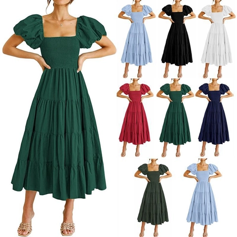 Women French Retro Square Neck Smocked Puff Sleeve Tiered Midi Dress Elegant Solid Color Cottagecore Summer Vacation Dress