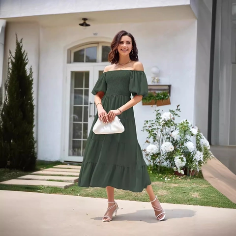 Women French Retro Square Neck Smocked Puff Sleeve Tiered Midi Dress Elegant Solid Color Cottagecore Summer Vacation Dress