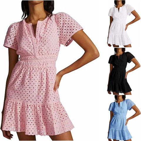 Damen V-Ausschnitt Lochstickerei Baumwollkleid Kurzarm Elastische Taille Rüschensaum Casual Sommer Urlaub Mode Kleid