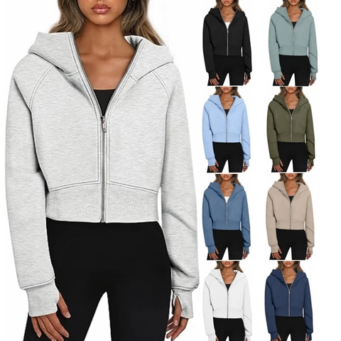 Women's Fleece Lined Hooded Sweatshirt Zip Up Cropped Long Sleeve Hoodie