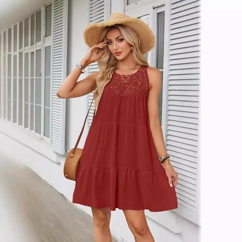 Abito da Donna con Scollo all'Americana Senza Maniche in Pizzo Svuotato Abito Midi a Balze Bohemien Estate Spiaggia Vacanza Abito Casual