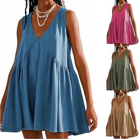 Damen Casual V-Ausschnitt Ärmelloses Plissiertes Kleid Einfarbig Locker A-Linie Mini Sommerkleid Mit Taschen Für Urlaub