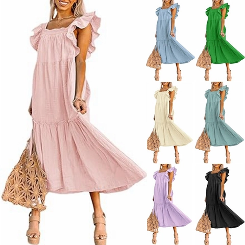Women Off Shoulder Square Neck Flutter Sleeve Tiered Midi Dress Solid Color Pleated Boho Vacation Sun Dress