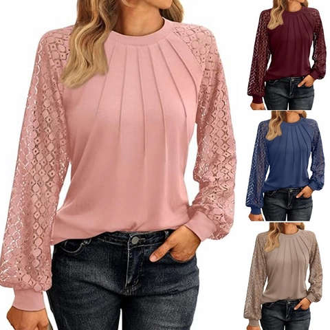 Camiseta Elegante de Manga Larga para Mujer con Patchwork de Encaje y Cuello Redondo Plisado Top Casual Suave Pullover Color Sólido