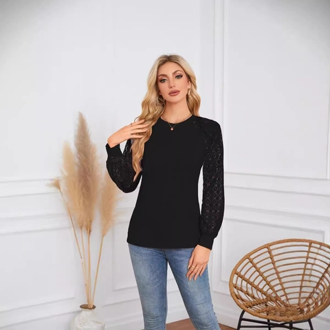 Camiseta Elegante de Manga Larga para Mujer con Patchwork de Encaje y Cuello Redondo Plisado Top Casual Suave Pullover Color Sólido