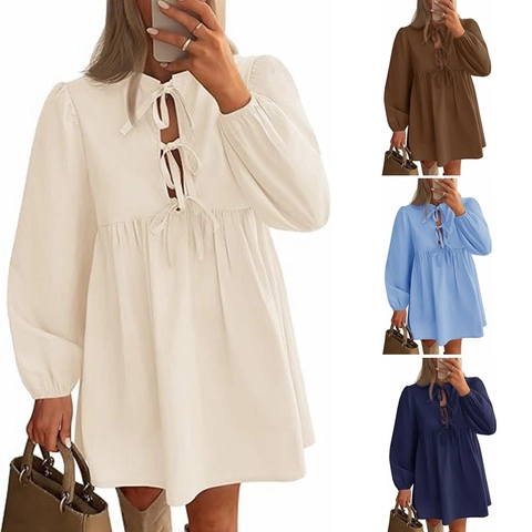 Women's Casual Long Sleeve Tie-Front Mini Dress Solid Color Pleated A-Line Babydoll Pullover Short Dress For Daily Outing