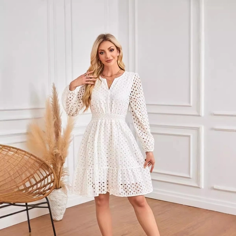 Women V Neck Eyelet Embroidery Long Sleeve Dress Casual Elastic Waist A-Line Ruffle Midi Dress Cotton Broderie Anglaise