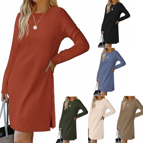 Dames Casual Polyester Mini-jurk Ronde Hals Lange Mouw Zijsplit Gebreide Textuur Comfortabele Losse Pasvorm Pullover Mode