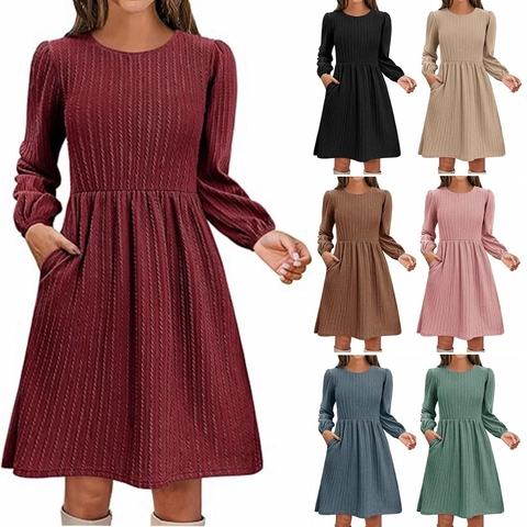 Dames Casual Ronde Hals Lange Mouw A-Lijn Gebreide Jurk Met Zakken Effen Kleur Getextureerd Midi Lengte Herfst
