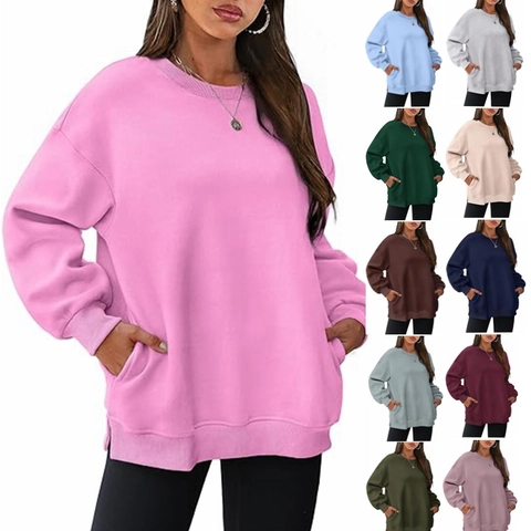 Sweat-shirt Femme Décontracté Oversize Col Rond Pullover Doublé Polaire Manches Longues Top Avec Poches Fente Latérale