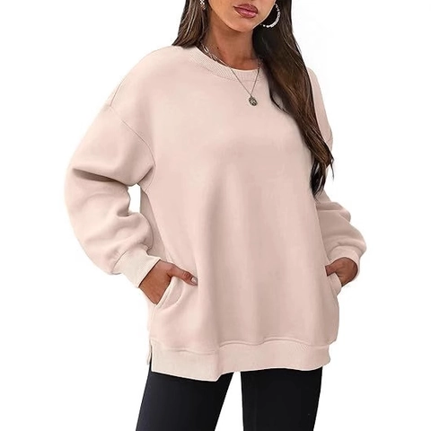 Sweat-shirt Femme Décontracté Oversize Col Rond Pullover Doublé Polaire Manches Longues Top Avec Poches Fente Latérale