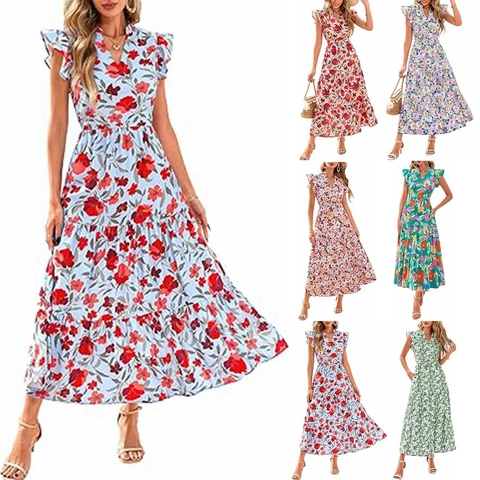 Donna Scollo a V Manica a Farfalla Floreale Abito Maxi a Balze Boho Estate Spiaggia Vacanza Casual Festa Vestiti Lunghi