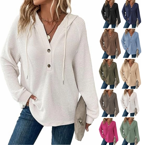 Women's Casual Waffle Knit Hoodie Long Sleeve V Neck Button Drawstring Pullover Sweatshirt Loose Fit Solid Color Hoodie Top