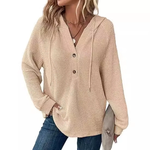 Women's Casual Waffle Knit Hoodie Long Sleeve V Neck Button Drawstring Pullover Sweatshirt Loose Fit Solid Color Hoodie Top