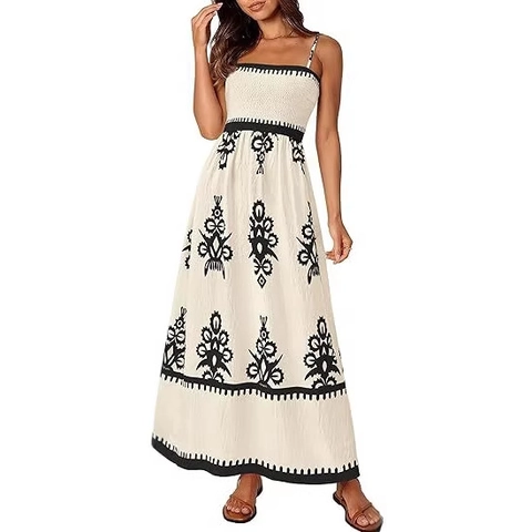 Boheemse Bloemenprint Gesmokte Cami Maxi Jurk Etnische Stijl Verstelbare Spaghettibandjes Mouwloze A-Lijn Strandjurk