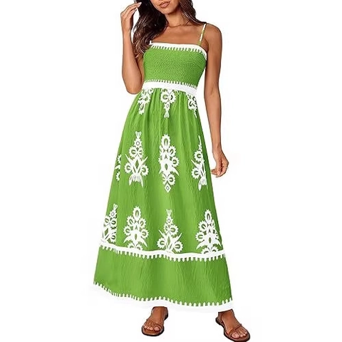 Boheemse Bloemenprint Gesmokte Cami Maxi Jurk Etnische Stijl Verstelbare Spaghettibandjes Mouwloze A-Lijn Strandjurk