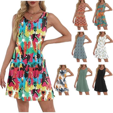 Dames Casual Mouwloze A-Lijn Midi Jurk Met Zakken Zomer Gatborduurwerk Bloemenprint Ronde Hals Vakantie Strand Zonnejurk