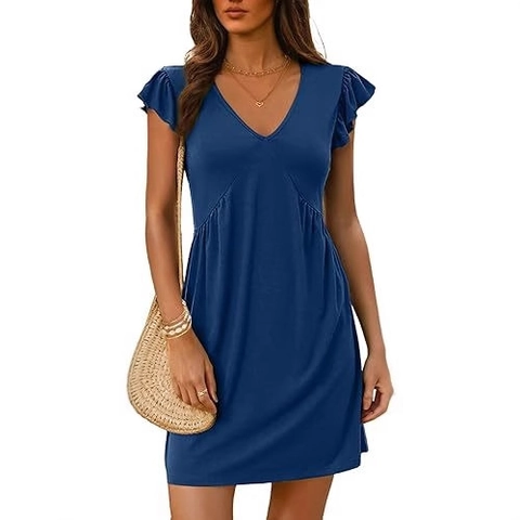 Women Summer V Neck Flutter Sleeve Mini Dress Casual Solid Color Pleated High Waist A-Line Beach Resort Swing Dress