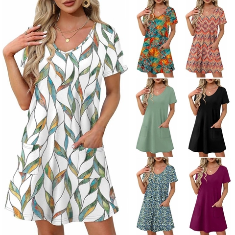Abito Donna Casual con Scollo a V e Maniche Corte con Tasche Estivo Floreale Tropicale Geometrico Mini Abito a Linea A