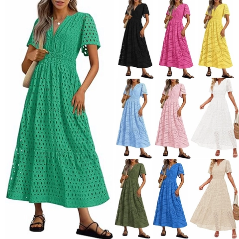 Dames V-Hals Broderie Anglaise Korte Mouw Katoen Gelaagde Maxi-Jurk Elegant Effen Kleur Boheems Vakantie Zomer Strand Lange Jurk