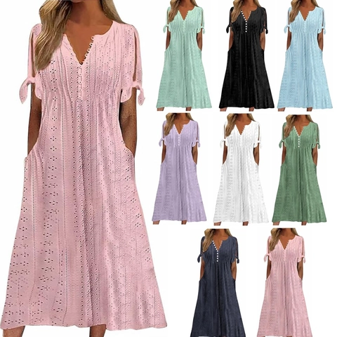 Women V Neck Eyelet Lace Midi Dress Button Down Short Sleeve With Bow Tie Pockets Casual Summer Holiday A-Line Solid Dress