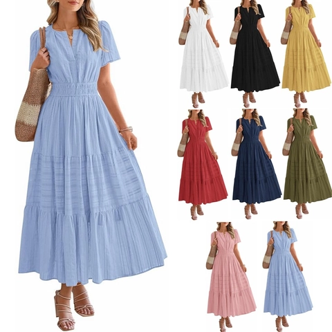 Women's V Neck Puff Short Sleeve Tiered Maxi Dress Elegant Smocked Waist Solid Color Cotton Long Dresses Summer Vacation