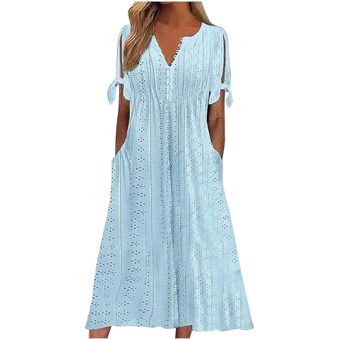 Women V Neck Eyelet Lace Midi Dress Button Down Short Sleeve With Bow Tie Pockets Casual Summer Holiday A-Line Solid Dress
