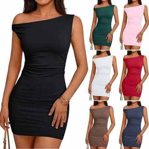 Damen Sexy One-Shoulder Ruched Bodycon Minikleid Ärmellos Einfarbig Elegant Party Clubwear Slim Fit Polyester Kleid