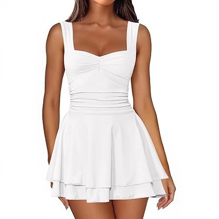 Women Sexy Square Neck Sleeveless Ruched Mini Dress Layered Hem High Waist Polyester Solid Color Party Clubwear Summer Dress