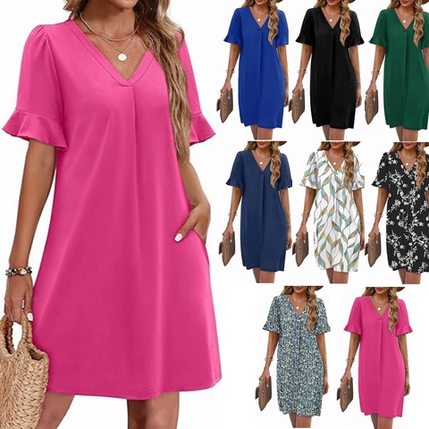 Women Casual V Neck Ruffle Sleeve Midi Dress With Pockets Summer Boho Loose Fit A-Line Solid Floral Print Beach Sundress
