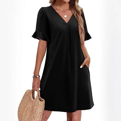 Women Casual V Neck Ruffle Sleeve Midi Dress With Pockets Summer Boho Loose Fit A-Line Solid Floral Print Beach Sundress