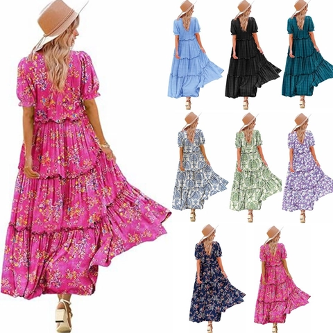 Damen Casual Kurzarm Puffärmel Gestuftes Maxikleid Böhmisch Blumen Karomuster Volant Rundhals Sommerurlaub Fließendes Langes Kleid