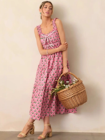 French Floral Pink Maxi Dress With Tiered Cake Skirt Bow Ties Smocked Square Neck Sleeveless Vacation Beach Long Dress For Women