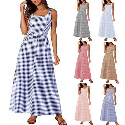 Dames Casual Gingham Maxi Jurk Vierkante Hals Mouwloos Katoenmix Geplooid A-Lijn Zomer Vakantie Strand Feest Lange Jurk