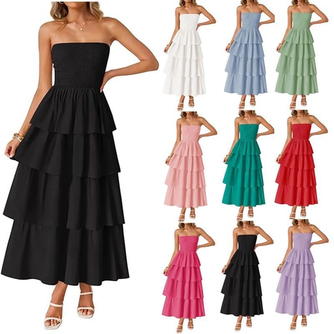Women Strapless Tiered Smocked Maxi Dress Summer Polyester Solid Color Ruffle Boho Vacation Sleeveless Elegant Long Dress