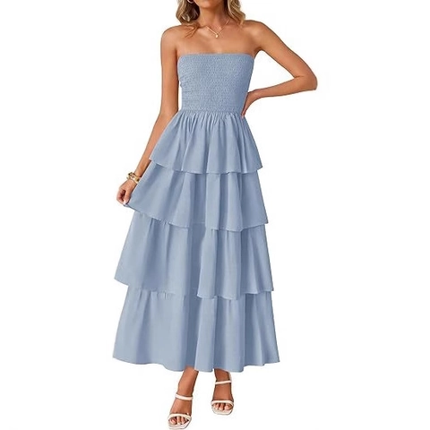 Women Strapless Tiered Smocked Maxi Dress Summer Polyester Solid Color Ruffle Boho Vacation Sleeveless Elegant Long Dress