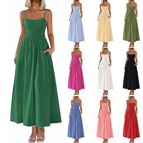 Women's Summer Solid Color Spaghetti Strap Smocked Maxi Dress With Pockets Elegant Sleeveless Beach Vacation Party Long Dress