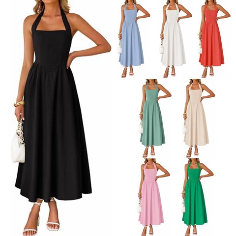 Abito Maxi da Donna con Scollo all'Americana Vita Alta Senza Maniche a Linea A Abito Lungo Plissettato da Vacanza con Tasca per Festa in Spiaggia