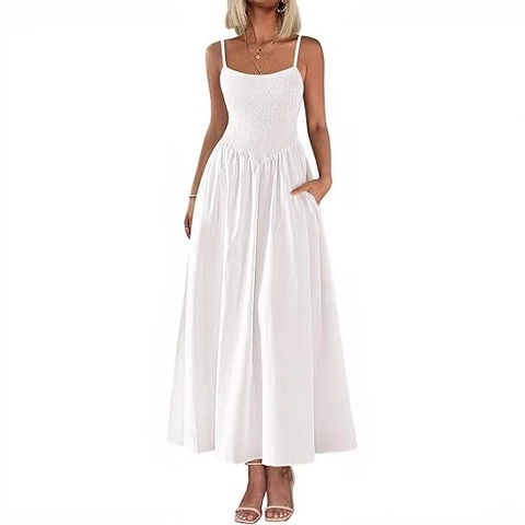 Women's Summer Solid Color Spaghetti Strap Smocked Maxi Dress With Pockets Elegant Sleeveless Beach Vacation Party Long Dress