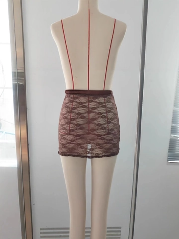 Women Sexy Perspective Floral Lace Mini Skirt Vintage Low Waist Sheer Brown Bodycon Pencil Skirt Summer Clubwear