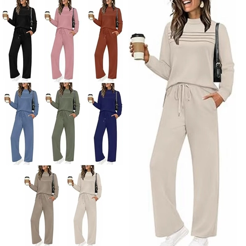 Tuta Sportiva da Donna Casual Manica Lunga Girocollo Felpa a Pieghe E Pantaloni a Gamba Larga Con Coulisse Loungewear