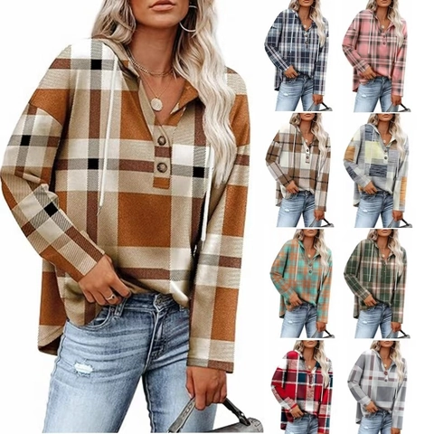 Women's Plaid Hooded Long Sleeve Sweatshirt V Neck Button Pullover Loose Casual Fall Winter Top