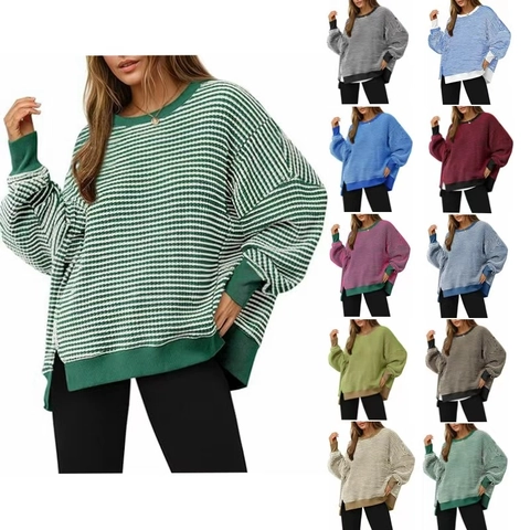 Women Casual Waffle Knit Striped Sweatshirt Round Neck Long Sleeve Side Split Oversized Pullover Top Knitted Sweater