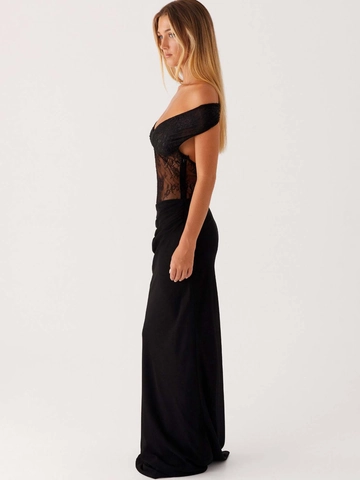 Women Sexy Off Shoulder Lace Patchwork Maxi Dress Backless Slim Fit Evening Party Gown Solid Black Formal Dress