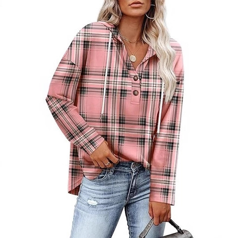 Women's Plaid Hooded Long Sleeve Sweatshirt V Neck Button Pullover Loose Casual Fall Winter Top