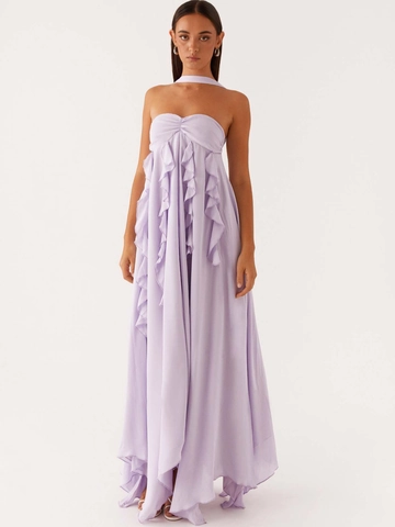 Women Sexy Backless Halter Ruffle Maxi Dress Elegant Solid Color Irregular Hem Chiffon Texture Floor Length Party Vacation Dress